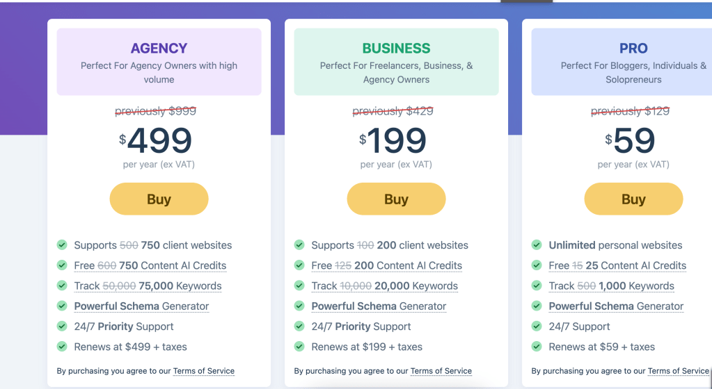 Screenshot from the RankMath website showing the prices for each plan.
