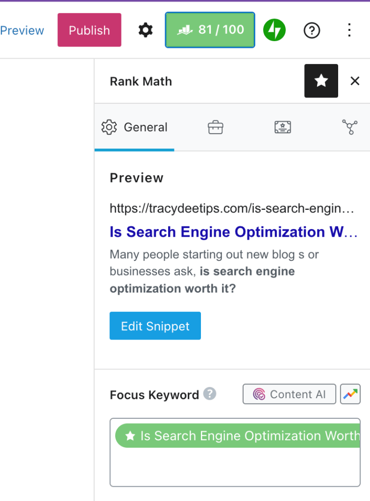screenshot of using RankMath Pro. Is search engine optimization worth it?